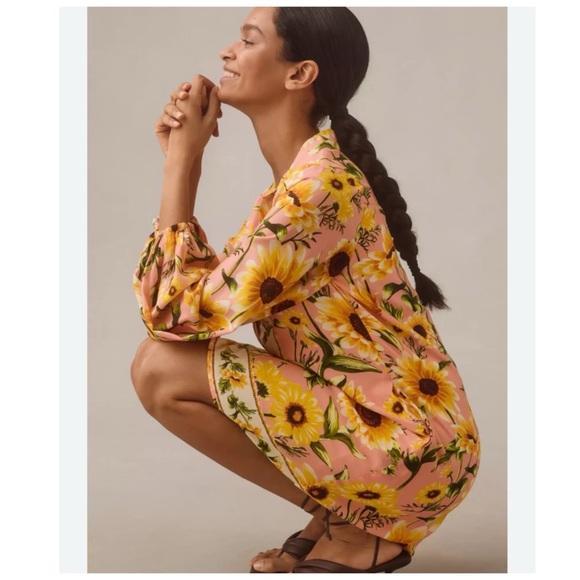 NWT Farm Rio Long-Sleeve Sunflower Floral Button-Front Spring Mini Dress L